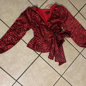 Red Animal Print Wrap Blouse